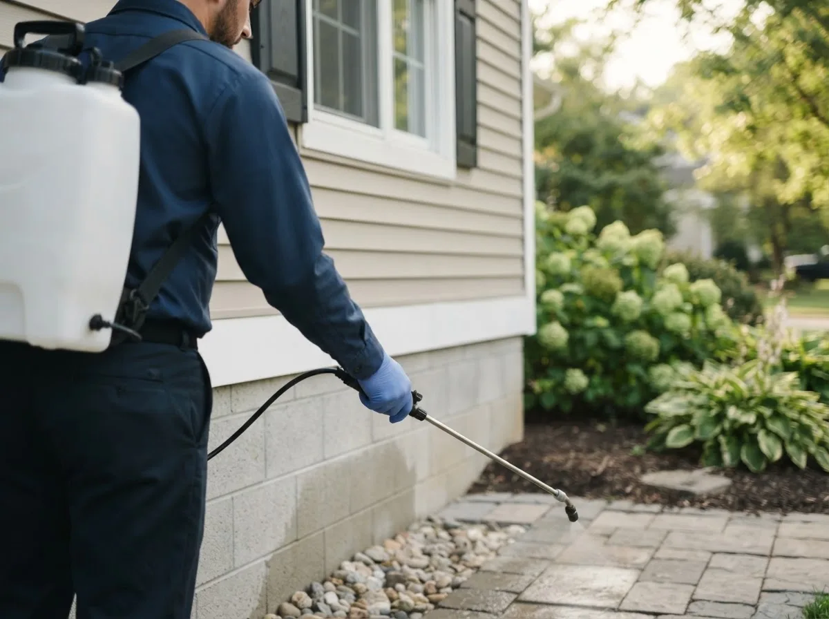 Pest control technician inspecting a home in Malone, FL